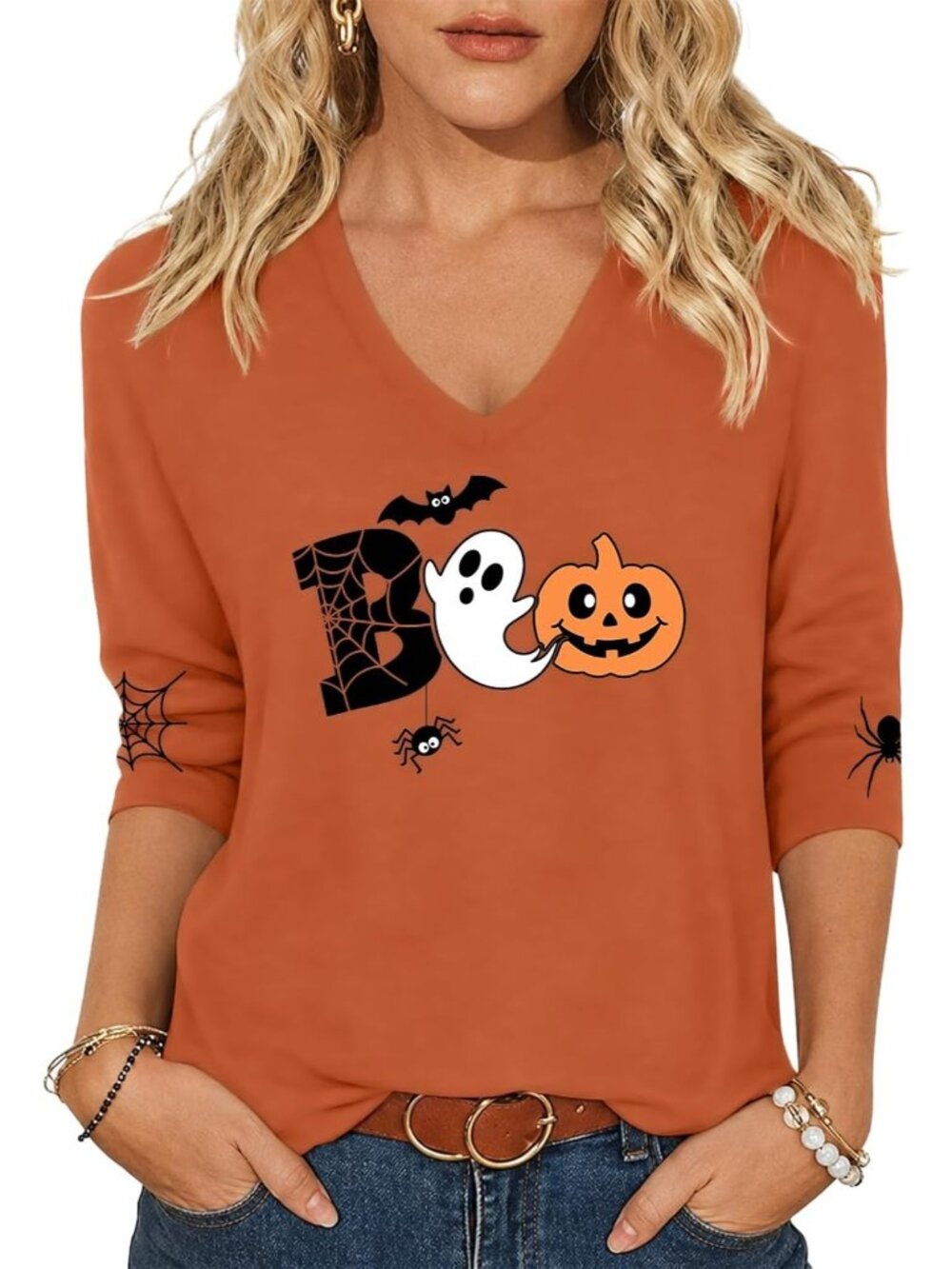 〽️Halloween Shirt Women Orange V Neck 3/4 Sleeve Top Spooky Season Graphic Tee